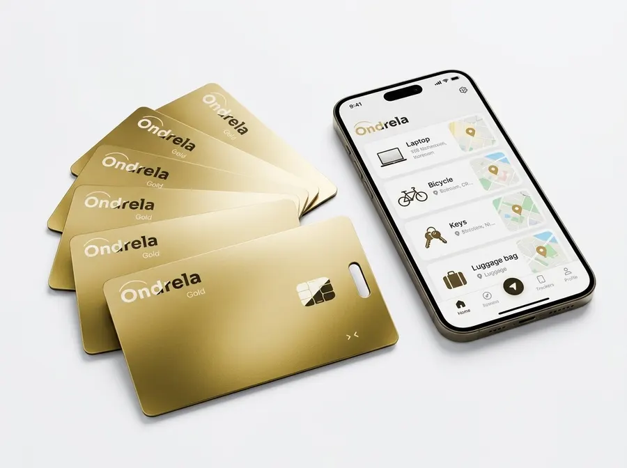 Pakej kad penjejak emas Ondrela di sebelah telefon yang memaparkan aplikasi penjejakan