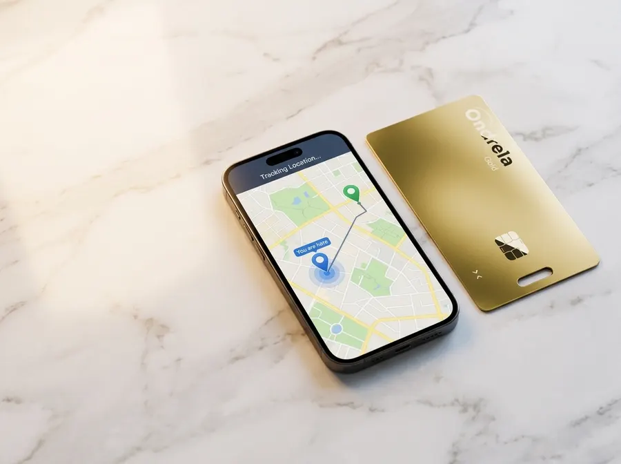 Kad penjejak emas Ondrela di sebelah telefon yang memaparkan lokasi kad pada peta
