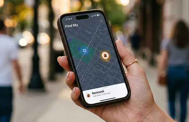 Tangan memegang telefon yang memaparkan lokasi penjejak pada peta bandar